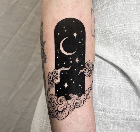 Celestial Blackwork Tattoo, Starry Night Inspired Tattoo, Witch Aesthetic Tattoo Sleeve, Small Black Out Tattoo, Black Circle Tattoo Cover Up, Cover Tattoo Ideas Black, Dark Moon Tattoo, Coverup Tattoo Ideas For Women, Blackwork Tattoo Coverup