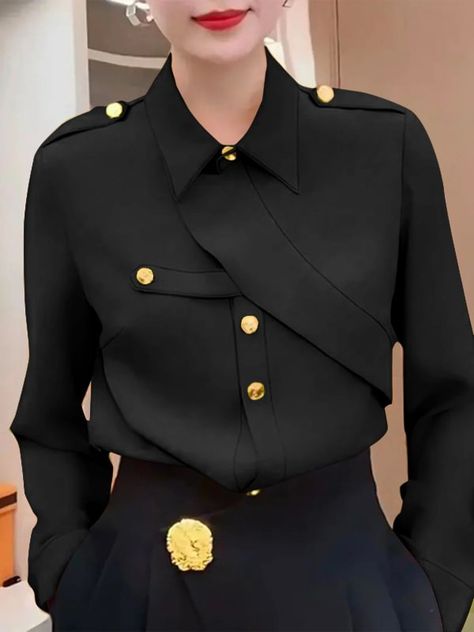 Long Sleeves Loose Asymmetric Buttoned Lapel Blouses&Shirts Tops Shomiz Blouses Fashion, Shomiz Blouses, Shirt Collar Pattern, Color Combos Outfit, Blouse Casual Fashion, Buttoned Shirt, Fancy Tops, Fashion Tops Blouse, Leisure Fashion