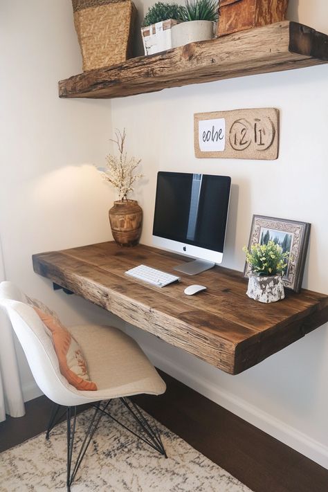 Family Room Desk Ideas, Live Edge Floating Desk, Home Office Tv Room Combo, Simple Desk Design, Floating Desk Diy, Farmhouse Desk Diy, Simple Work Desk, Diy Floating Desk, Light Wood Desk