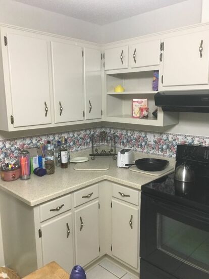 I have flat cabinets with rounded edges. I plan to DIY and make them into white shaker style with new hardware and crown molding on top. I am also adding stone backsplash and polishing my Corian. Do I need to square my sides with wood filler or would it still look good with rounded edges? ( simpler , just have to add the 2” x 1/4” flat trim to make the shaker style). Following are 2 pics of my cabinets followed by something similar to what I’m going for.   Old ugly flat cabinet doors a… Add Trim To Cabinet Doors, Flat Kitchen Cabinets, Flat Cabinet Doors, Diy Shaker Cabinet Doors, Diy Shaker Cabinets, Easy Kitchen Backsplash, Rounded Kitchen Cabinets, Flat Front Cabinets, Pine Kitchen Cabinets