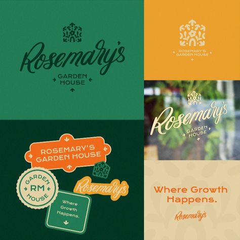 Logo suite for Rosemary's Garden House. There is a primary logo, secondary logos designed to look like stickers, monogram badge and icon sticker. The icon is an illustration of leaves and flowers creating the shape of a house. There is a mockup of a gold foil logo applied to a shop window. And a tagline graphic that says "Where Growth Happens" to encapsulate all the services that Rosemary's offers. Grocery Store Design Logo, Garden Branding Design, Gardening Business, Gardening Branding, Gardening Graphic Design, Garden Logo Design, Garden Graphic Design, Garden Branding, Garden Logo