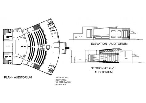 Auditorium hall elevation, section and plan details dwg file Section And Plan, Auditorium Plan, Analysis Architecture, Site Analysis Architecture, Elevation Ideas, Auditorium Design, Multipurpose Hall, Campus Design, Conceptual Architecture