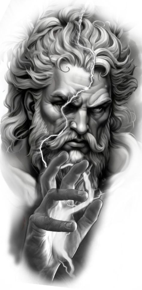 Greek Gods Tattoo Ideas, Zeus Leg Sleeve Tattoo, Zeus Tattoo Design Ideas, Zeus Tattoo Stencil, Tattoo Filler Ideas Men Backgrounds, Greek Mythology Tattoo Design, Zues Tattoo Mythology, Zeus Portrait, Zeus Drawing