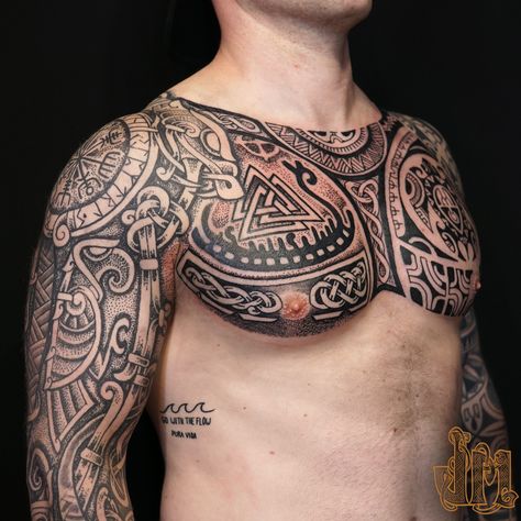 Norse Chest Tattoo, Nordic Chest Tattoo, Gaelic Tattoo, Celtic Sleeve Tattoos, Armour Tattoo, Tattoo Ideas Males, Viking Tattoo Sleeve, Dragon Sleeve Tattoos, Marquesan Tattoos