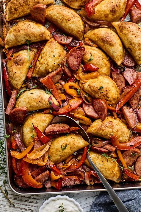 Easy Pierogi Sausage and Veggie Sheet Pan Dinner | Olive & Mango Sausage And Veggie Sheet Pan, Veggies And Sausage, Veggie Sheet Pan, Spinach Tortellini Soup, Sausage Seasoning, Smoked Cooking, Sausage And Peppers, Vegan Sausage, Mango Recipes