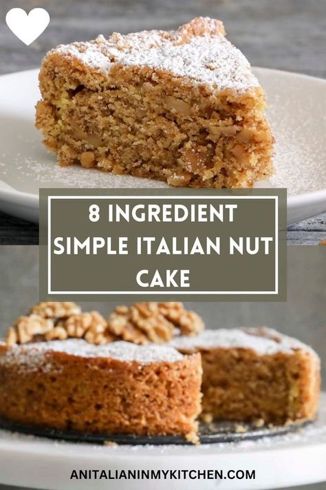 One of the delicious treasures in Italian baking is The Nut Cake, also known as Torta alle Noce. Made with just 8 ingredients, it is the perfect Italian cake for any occasion. Serve it with just a dusting of powdered sugar and a rich strong espresso. Nut Cake Recipes, Italian Baking, Snacking Cake, Easy Homemade Cookies, Nut Cake, Sweet Pies, Italian Recipes Dessert, Honey Cookies, Italian Cake