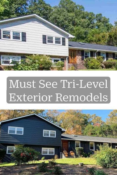 If you’re looking for ideas for how to remodel the exterior od your tri-level house, check out these beautifully updated split-level exterior remodels. And if you’re looking for more inspiration, take a look at our other posts in our split-level homes series. Trilevel Landscaping Ideas, Tri Level House Exterior, 1970s Tri Level House Remodel, Tri Level House Exterior Remodel, Tri Level Exterior Paint Colors, 80s Split Level Remodel, Half Brick Half Siding Exterior Ranch Remodel, Residing House Exterior, Split Ranch Remodel