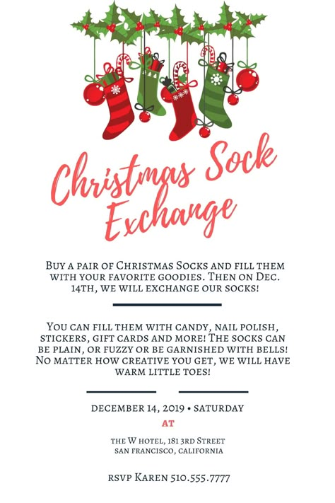 Sock Exchange Party Invitations, Christmas Socks Exchange Ideas, Christmas Sock Party Ideas, Secret Santa Sock Exchange, Ladies Christmas Sock Exchange, Christmas Activities For Employees, Christmas Sock Exchange Game, Sock Swap Party Gift Exchange, Stocking Exchange Party