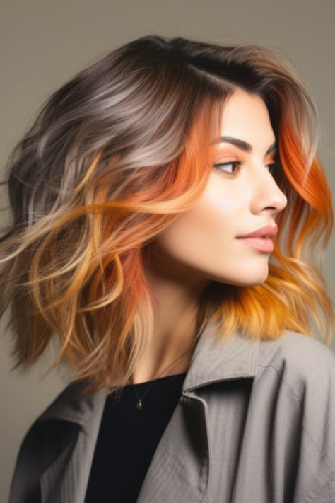 An autumn sunset balayage style is a cascade of oranges, reds, and golds, mimicking the colors of an autumn sunset. This is a versatile choice for all skin tones and works well with any hair length. Click here to check out more stunning fall color hair ideas for 2023. Balyage Colourful, Colorful Fall Hair Colors, Bob Hairstyles Colour Ideas, Ombre Hair Orange, Fall Hair Colors Orange, Fun Hair Ideas Color, Orange Hair Balayage, Fall Fantasy Hair Color, Orange Hair Tips