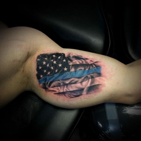 Back The Blue Tattoo, Police Tattoo Ideas For Men, Blue Collar Tattoo For Men, Line Arm Tattoo, Blue Line Tattoo, Back The Blue Flag, Police Tattoo, Collar Tattoo, Shoulder Sleeve Tattoos