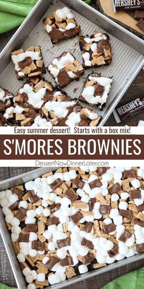 S'mores Brownies takes your favorite boxed mix up a notch with graham crackers, mini marshmallows, and Hershey's chocolate bar pieces. Easy to make and loved by all! S’mores Boxed Brownies, S’mores Poke Brownies, Brownie Smores Bars, Dessert Recipes With Brownies, Hershey Bar Dessert, What To Bake At A Sleepover, S’mores Brownies Easy, S’more Dessert Recipes, S'mores Brownies Recipe