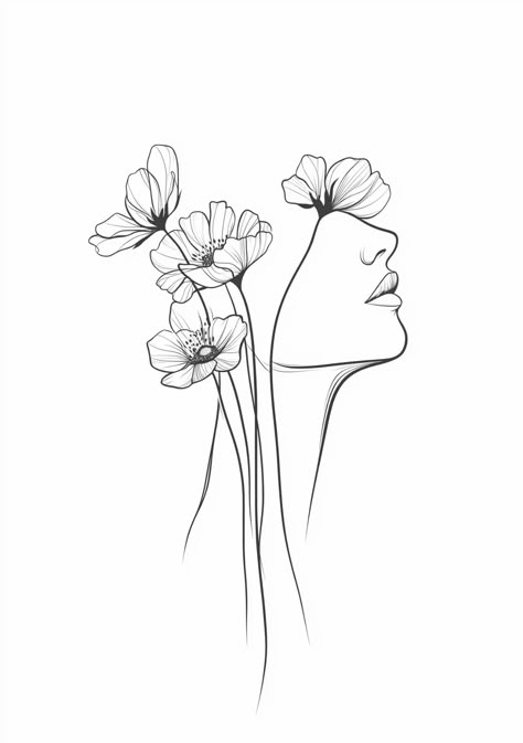 Simple line drawing of flowers growing out from the head, woman's face hidden behind them, simple design, white background, minimalistic, tattoo sketch, ink lines Female Face Drawing, Flower Line Drawings, Sketches Simple, Face Lines, Simple Line Drawings, Face Tattoo, Line Art Tattoos, Line Tattoos, Growing Flowers