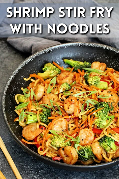 This+tasty+Shrimp+Stir+Fry+with+Noodles+features+succulent+shrimp,+colorful+veggies,+and+comforting+noodles,+all+coated+in+a+delicious+sweet+and+savory+sauce.+This+easy+recipe+is+a+one-pan+dish+that's+better+than+take+out+and+can+be+made+in+just+30+minutes! Shrimp And Noodles Easy, Rice Noodles With Shrimp, Shrimp Stir Fry With Noodles, Shrimp And Noodle Stir Fry Recipes, Shrimp And Veggies Recipes Stir Fry, Stir Fry Noodles Shrimp, Shrimp Veggie Stir Fry, Asian Shrimp Noodles Stir Fry, Cheap Easy Healthy Meals