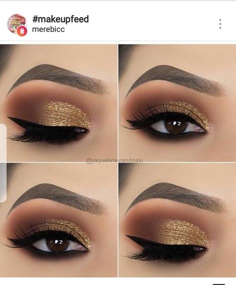 Golden Smokey Eye, Teknik Makeup, Make Up Designs, Make Up Gold, Shimmer Eye Makeup, Gold Eye Makeup, Smokey Eyeliner, Types Of Makeup, Pinterest Makeup