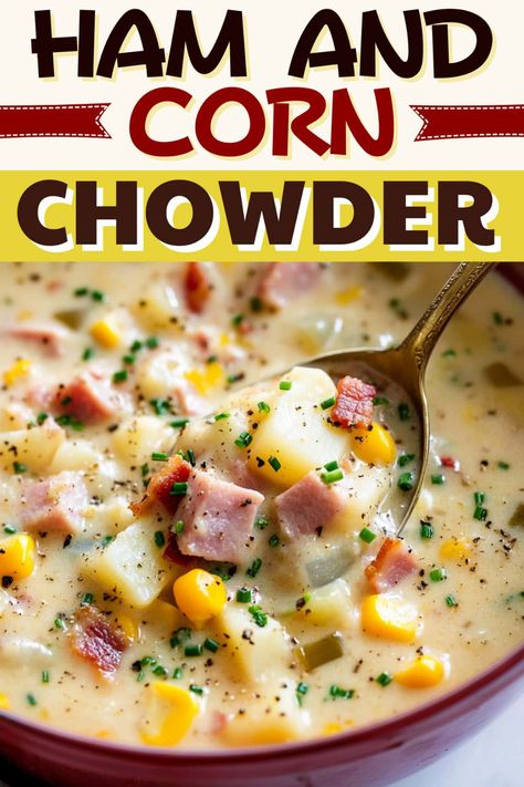 This easy ham and corn chowder is hearty, creamy, and delicious! With tender chunks of ham, potatoes, celery, onion, and sweet corn, it's a true delight. Crockpot Corn And Potato Chowder, Ham And Bacon Soup, Potato Ham Corn Chowder Crock Pot, Ham And Corn Chowder Soup Crock Pot, Ham Stew Crockpot, Crock Pot Ham Soup, Corn Chowder Recipe With Ham, Soup Recipes Using Ham Bone, Corn And Ham Chowder Recipe