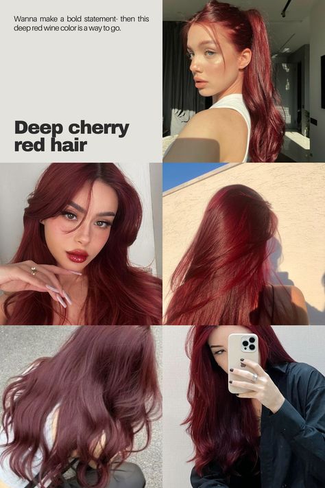 Hair color for spring, Cherry red hair, Red wine hair, Cherri bomb #HairColor #RedHair #2024Hair Cherry Red Hair Styles, Sangria Red Hair, Cherry Red Hair Outfits, Red Cherry Hair Color, Cherry Color Hair, Cherry Red Bob, Deep Wine Hair Color, Cherry Wine Hair, Cherry Wine Hair Color