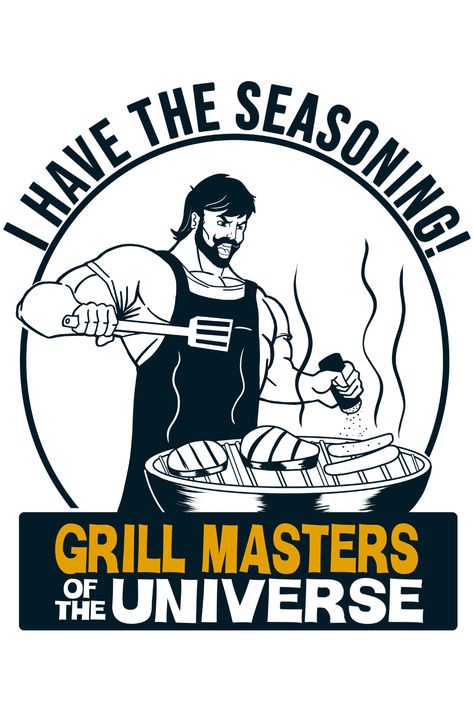 Funny design of a bearded man grilling meat and sausages on a grill with the phrase: ''Grill masters of the universe''. #barbequeman #grillmaster #beardedmancooking #grillerman Man Grilling, Random Designs, Bearded Man, Culinary School, Grill Master, Grilled Meat, Masters Of The Universe, Sausages, 40th Birthday