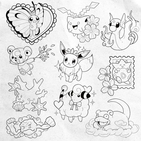 Pokemon Tattoo Drawings, Pokemon Flash Sheet, Pokémon Flash Tattoo, Pokémon Outline, Water Pokemon Tattoo, Floral Pokemon Tattoo, 90s Cartoon Flash Tattoo, Cute Pokemon Coloring Pages, Anime Tattoo Outline