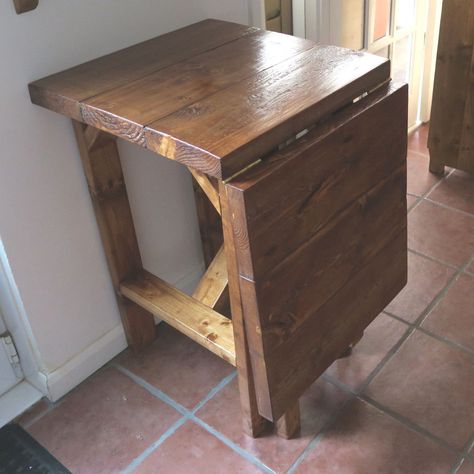 This table can either be free standing, or for extra stability fixed to the wall. Small corner brackets supplied and fixed to underside of table top. (Depth including thickness of leaf when closed is approx 65cm). | eBay! Small Kitchen Diner Ideas, Breakfast Bar Ideas, Breakfast Bar Table, Kitchen Bar Table, Breakfast Bar Kitchen, Tally Ho, Galley Kitchen, Drop Leaf Table, Pub Table