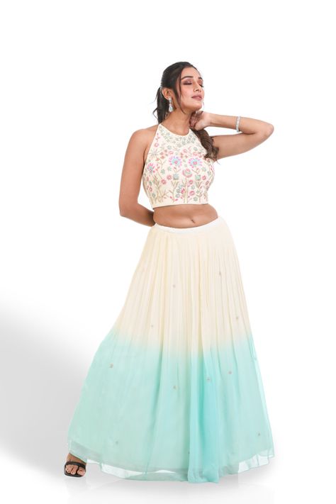 This off white & sea green shaded lehenga with dupatta is a perfect blend of style and comfort. This elegant outfit features a relaxed fit and a vibrant color combination in a lightweight fabric that allows for effortless movement. Ideal for special occasions. Green And White Lehenga, Shaded Lehenga, Lehenga With Dupatta, White Lehenga, Lengha Choli, White Sea, Sea Green, Elegant Outfit, Color Combination