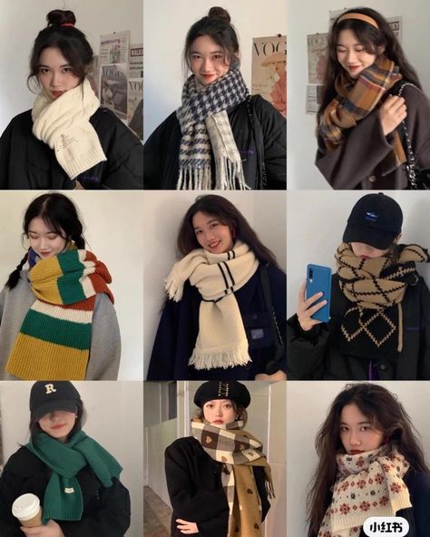 Scarf Korean Style, Scarf Inspo Winter, Cute Scarves Winter, Korean Scarf Outfit, Syal Scarf Outfit, Scarf Outfits Winter, Plaid Scarf Outfit Winter, Winter Outfits With Scarves, Cute Scarf Outfits