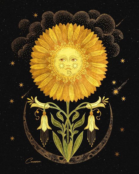 Sunflower Folk Art, Sun Astrology Art, Magical Embroidery, Sun And Moon Art Nouveau, Folk Art Sun And Moon, Sunflower Tarot Card, Medieval Sun Illustrations, David Foster, Lion Heart