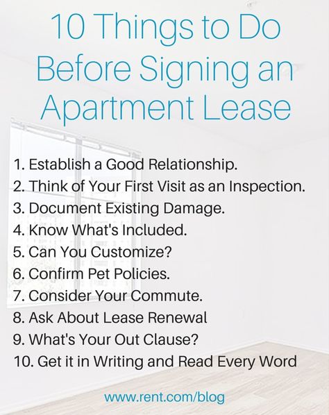 Don't sign an apartment lease before reading 10 Things You Should Do Before Signing a Lease from Rent.com on The Shared Wall blog! Rental Checklist, First Apartment Tips, Apartment Lease, First Apartment Essentials, First Apartment Checklist, Apartment Hacks, Apartment Needs, Apartment Checklist, Apartment Hunting