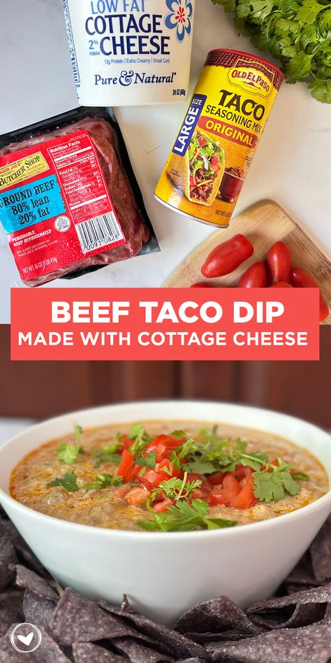 Cottage Cheese Rotel Taco Dip, Cottage Cheese Bean Dip, Dips Made With Cottage Cheese, Taco Meat With Cottage Cheese, Taco Dip With Cottage Cheese, Cottage Cheese Taco Dip Recipes, Taco Meat Cottage Cheese, Cottage Cheese Taco Dip, Cottage Cheese Queso Dip