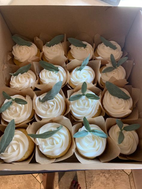 Minimalist Wedding Cupcakes, Eucalyptus Wedding Cupcakes, Sage Green And White Wedding Cupcakes, White Cupcakes With Eucalyptus, Eucalyptus Cupcakes, White And Green Wedding Cupcakes, Sage Green Floral Cupcakes, Small Simple Wedding, White Wedding Cupcakes