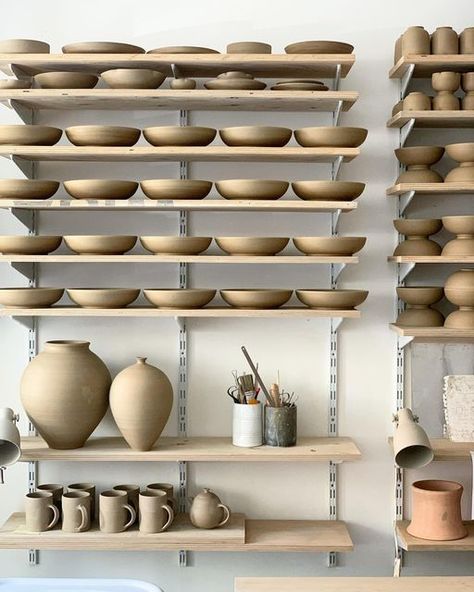 Kim Lê shared a post on Instagram: "Some pictures of the last couple of weeks in the studio. The shelves are filling up with new series of my regular tableware, the beginning of a production for the next restocking of the online shop. At the same time, since I came back from my recent throwing training, with the new gestures I learned, I'm trying out new shapes. I let the gesture leave its impression on the surface of the clay, in a more marked way than I usually do. I barely turn these new ... Poterry Studio, Drums Studio, Ceramic Store, Workshop Studio, Pottery Workshop, Clay Studio, Dream Studio, Pottery Classes, Store Design Interior