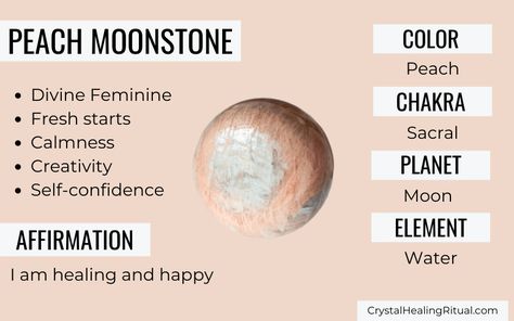 Peach Moonstone Meaning & Healing Properties  - Crystal Healing Ritual Moonstone Crystal Properties, Peach Moonstone Crystal Meaning, Rainbow Moonstone Meaning, Peach Moonstone Properties, Moonstone Healing Properties, Moonstone Properties, Color Healing, Crystal Healing Chart, Pink Moonstone