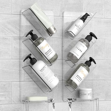 Soap And Shampoo Holder Bathroom, Bathroom Accessories Shower Area, Shampoo Holders For Showers, Shampoo Organization Bathroom, Acrylic Shower Shelves, Shampoo Holder In Shower Ideas, Shower Caddy Ideas, Shower Shelves Ideas, Clear Shampoo