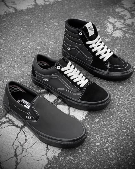 Skate Slip On, Skate Old Skool, and Skate Sk8-Hi done up in a sharp Black to the floor with contrast stitching. Image by Black Sheep Skate Shop Black Skate Shoes For Streetwear, Vans Skate Shoes For Streetwear, Urban Black Skate Shoes, Black Stylish Outfits, Vans Shoes Black, Vans Black Skate Shoes For Skateboarding, Urban Black Skate Shoes Fade-resistant, Vans Boots, Vans Shoes Fashion