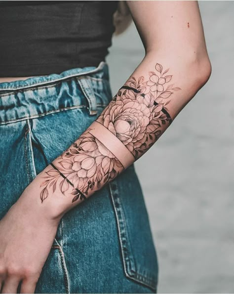 Lower Arm Tattoos For Women, Flower Arm Tattoo, Element Tattoo, Lower Arm Tattoos, Wrap Around Tattoo, Cuff Tattoo, Forearm Band Tattoos, Flower Tattoo Arm, Floral Tattoo Sleeve