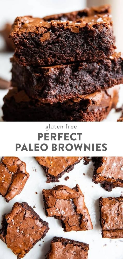 These paleo brownies are simply the best: they're fudgy and dense with a crunchy, crackly top and chewy edges. Not only that, they're quick and easy to make! Made with almond and coconut flour, they're gluten free, grain free, and dairy free, too. They're topped with a sprinkle of flake salt for the perfect gourmet complement to these rich, delicious brownies. #paleo #dessert Paleo Brownie Recipe, Aip Brownies, Paleo Pumpkin Brownies, Gluten Free Brownies Cocoa Powder, Aip Brownies Autoimmune Paleo, Paleo Brownies, Paleo Recipes Dessert, Gluten Free Brownies, Processed Sugar