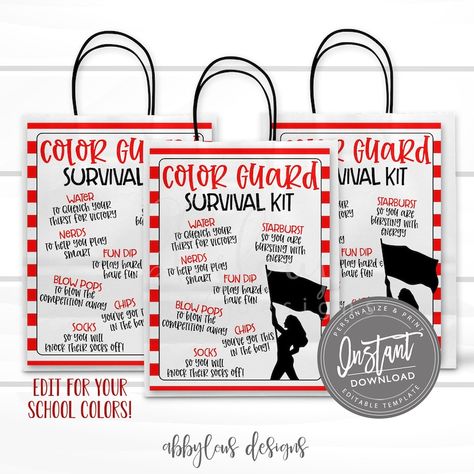 EDITABLE Color Guard Survival Kit Printable, Gift Bag Idea, Printable Color Guard/winter Guard Gift Idea, Personalized Flyer, INSTANT ACCESS - Etsy Senior Gift Ideas Color Guard, Senior Night Gift Ideas Color Guard, Colorguard Senior Gifts, Color Guard Checklist, Marching Band Survival Kit, Marching Band Gift Bags, Color Guard Senior Gifts, Band Competition Goodie Bags, Color Guard Gift Bags