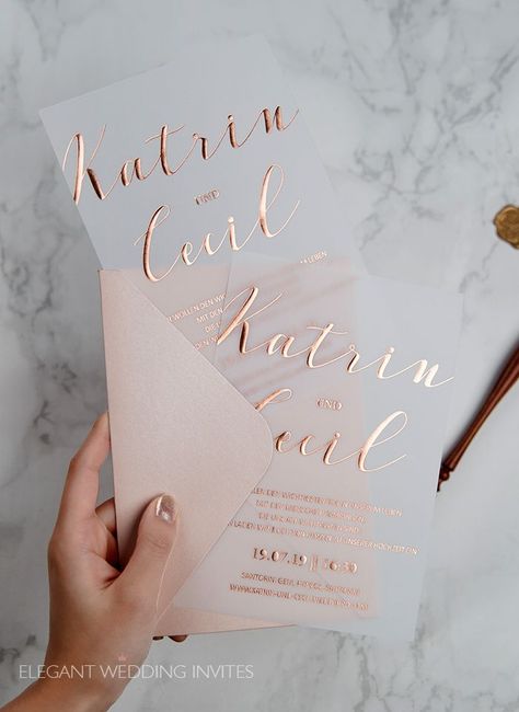 rose gold foil vellum wedding invitation cards Paper Invitation, Colored Glasses, Affordable Wedding Invitations, Acrylic Wedding Invitations, Wedding Party Invites, 카드 디자인, Laser Cut Wedding Invitations, Simple Invitation, Vellum Paper