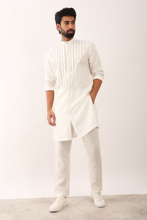 White solid kurta with asymmetric pleating texture detail. - Aza Fashions Diwali Kurta For Men, White Kurta Men, Stylish Shirts Men, Recycled Dress, Kurta Men, Mens Kurta, White Kurta, Designer Suits For Men, Straight Kurta