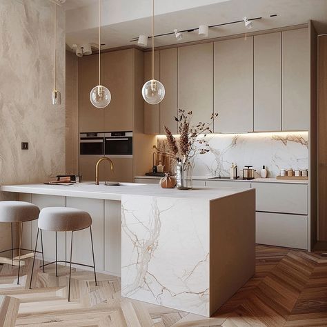 Natuurlijke materialen en lichte tinten brengen harmonie in deze luxe beige keuken! Kitchen Beige, Fiat Panda, Home Decor Kitchen, Modern Kitchen, Cribs, Kitchen Table, Kitchen Decor, New Homes, Living Room