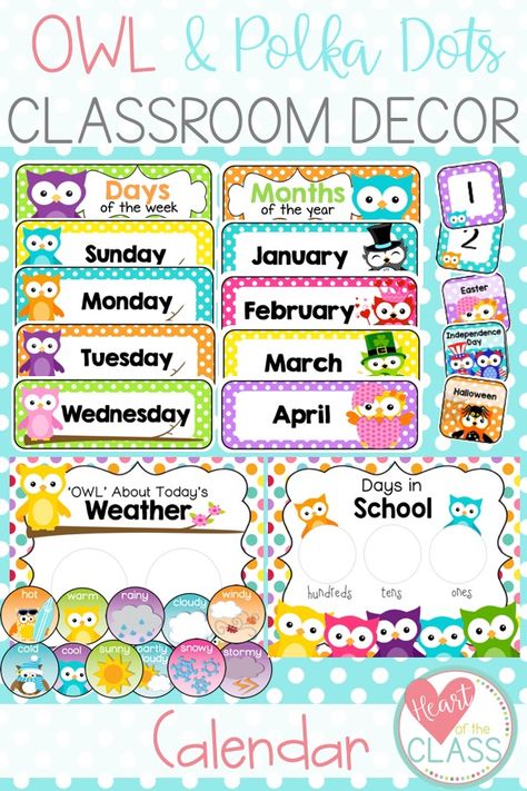 Owl Theme Classroom Decorations, Owl Classroom Decor, Owl Preschool, Preschool Classroom Themes, Owl School, Preschool Calendar, Polka Dot Classroom, Preschool Weather, Owl Theme Classroom