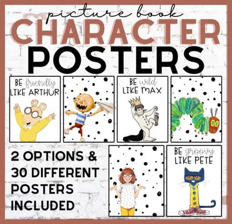 Book character posters | TPT Book Character Decorations Classroom, Book Character Classroom Decor, Book Character Themed Classroom, Book Character Posters For Classroom, Character Posters For Classroom, Bookmobile Ideas, Storybook Classroom, Book Character Posters, Teaching Necessities