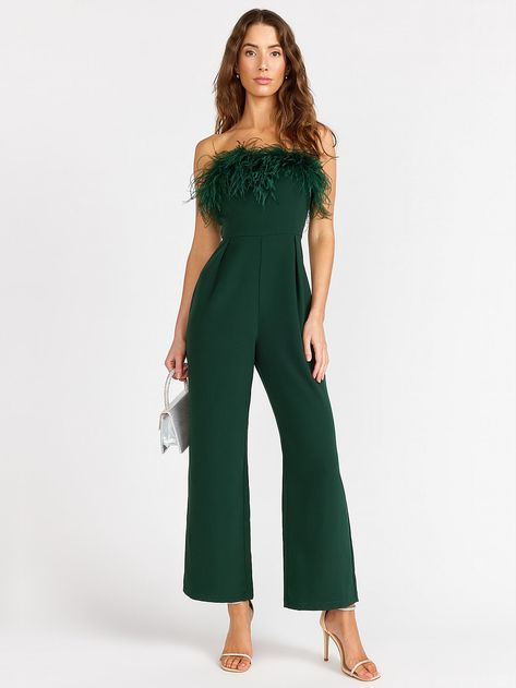 Strapless Feather Trim Jumpsuit - Lena | New York & Company Feather Jumpsuit, Classic Jumpsuit, Green Feather, Summer Bottoms, Feather Trim, Strapless Jumpsuit, The Drama, Jacket Brands, Turn Up