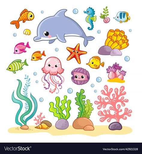 Big set with sea animals and plants in cartoon vector image Underwater Cartoon, Cartoon Sea Animals, Plant Cartoon, Animal Mural, Animals And Plants, Marine Theme, Underwater Life, Krishna Art, Sea Animals