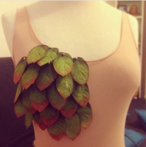 Puck's costume in progress: the start. Silk leaves on a nude Unitard base. Fairy Forest Costume, Pine Cone Costume, Puck Costume, Midsummer Fairy, Enchanted Prom, Leaf Costume, Forest Fairy Costume, Rose Costume