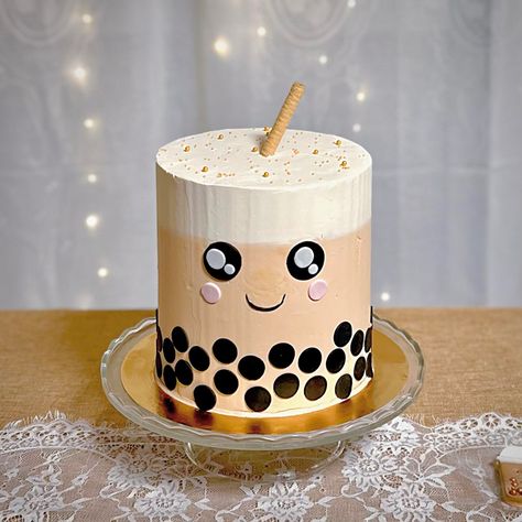 Milk Tea Cake Design, Bubble Tea Cake Design, Boba Birthday Cake, Tea Cake Design, Boba Things, Boba Partea, Bubble Tea Cake, Boba Cake, Milk Tea Cake