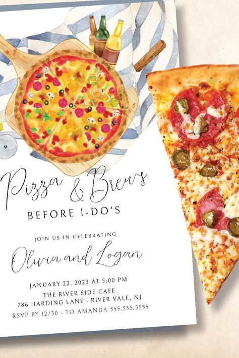 Pizza & Brew Rehearsal Dinner Invitation Engagement Party Casual, Pizza Engagement Party, Rehearsal Dinner Fun, Casual Engagement Party, Invitations Engagement, Pizza Wedding, Engagement Party Themes, Wine And Pizza, Party Pizza