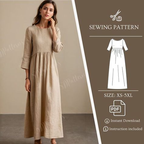 Elegant linen dress pattern awaits, featuring a relaxed, bohemian design perfect for a serene, cottagecore style. Sew your own stylish garment with this easy-to-follow PDF pattern, now available online in India.. #dress #patterns #free Mennonite Dress Pattern, Linen Wrap Dress Sewing Pattern, Linen Dress Pattern Sewing, Cottagecore Dress Pattern, Easy Dress Pattern, Tunic Tutorial, Dress Pattern Pdf, Linen Dress Pattern, Wrap Dress Sewing Patterns