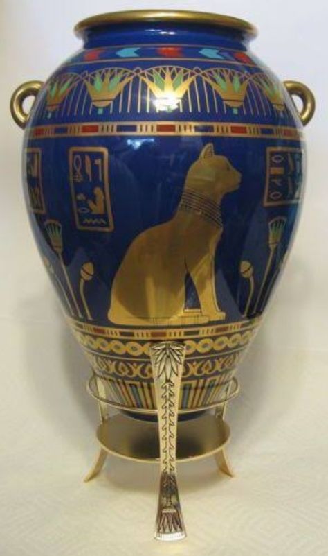 Egyptian Vase, Egyptian Themed Party, Egyptian Aesthetic, Egyptian Home Decor, Golden Vase, Egyptian Party, Vase Painting, Egyptian Design, Egyptian Cat