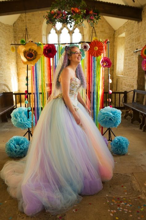 Unicorn Wedding Dress, Multicoloured Wedding, Colourful Wedding Dress, Crowd Photo, Rainbow Wedding Dress, Mums Wedding, Vowel Renewal, Honeymoon Inspiration, Unique Wedding Dress