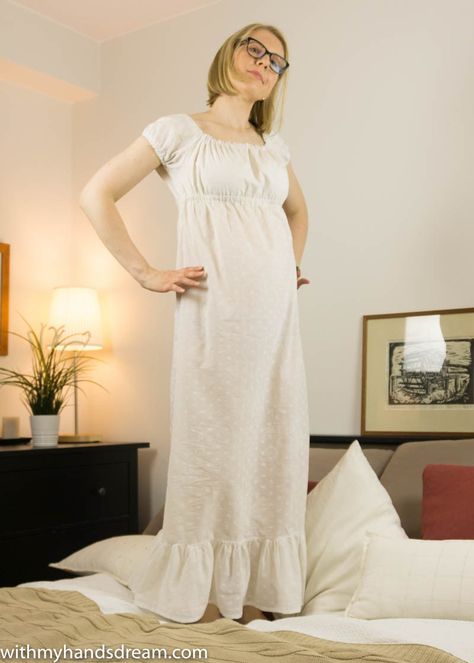 Image: Empire-waisted cotton nightgown, front view. Regency Nightwear, Empire Waist Nightgown, Gown Sewing Pattern, Regency Dresses, Nightgown Pattern, Regency Dress, Cotton Nightgown, Learning To Sew, Handmade Wardrobe